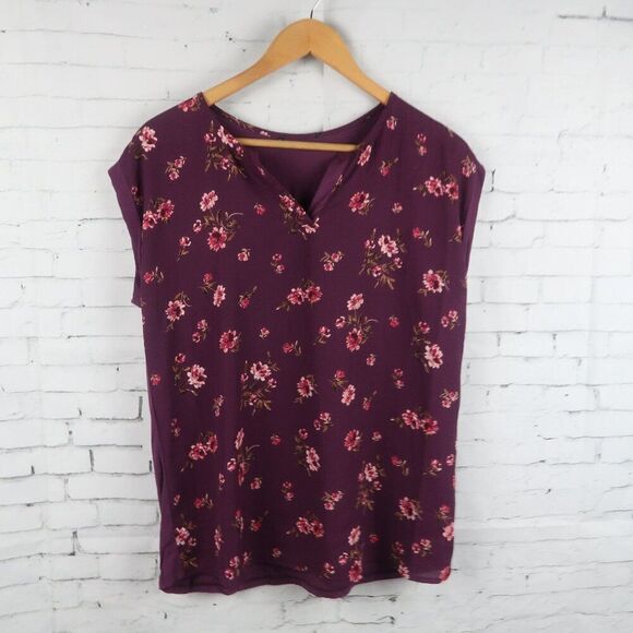 BURGUNDY FLORAL SLEEVELESS V NECK TOP SIZE LARGE - Picture 1 of 4